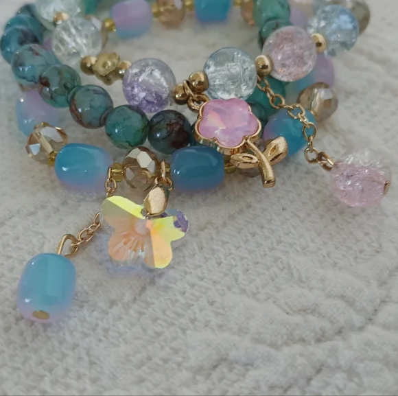 Sparkling Teal Beaded Charm Bracelet Set Blue Pink Flower Butterfly Cute Fairy - Picture 2 of 9